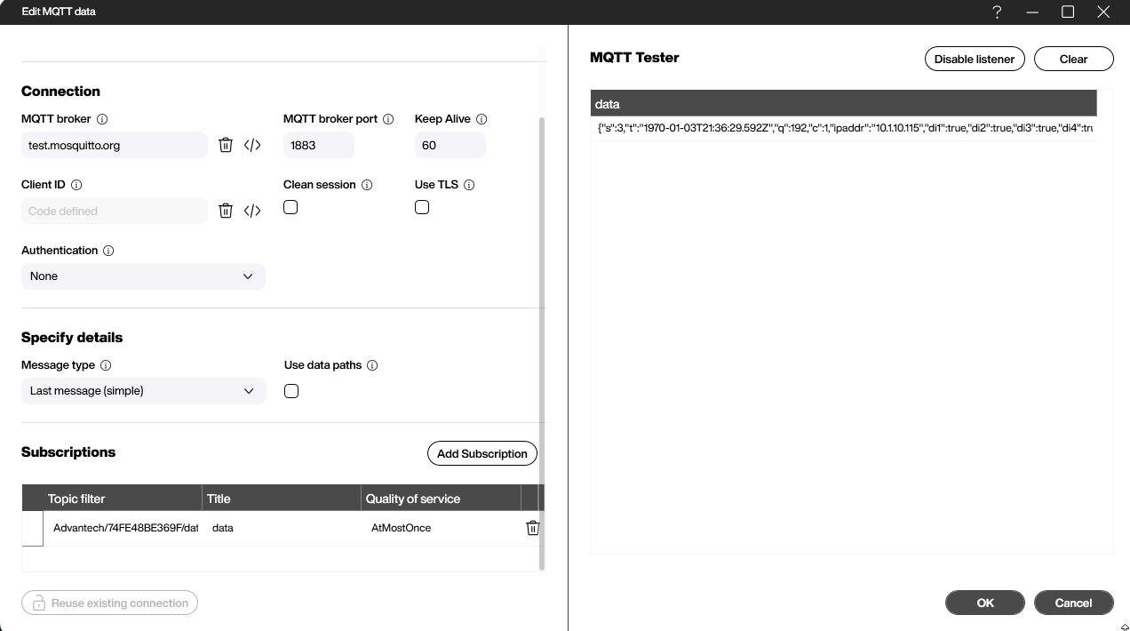 Peakboard MQTT data source subscribing to the Advantech ADAM-6051 data topic