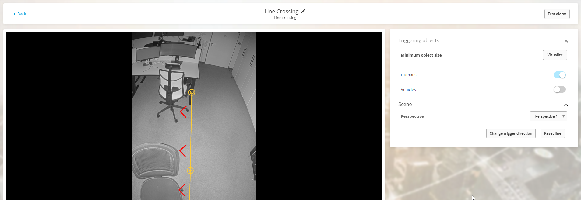 Axis Q3556 line crossing direction and position configuration in camera view