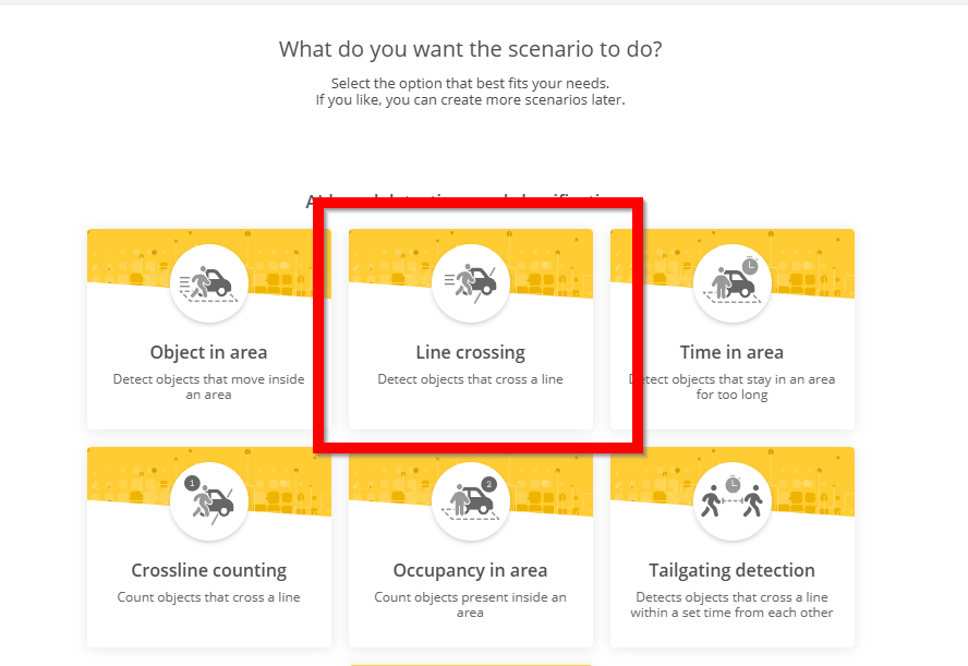 Axis Object Analytics scenario selection with line crossing highlighted