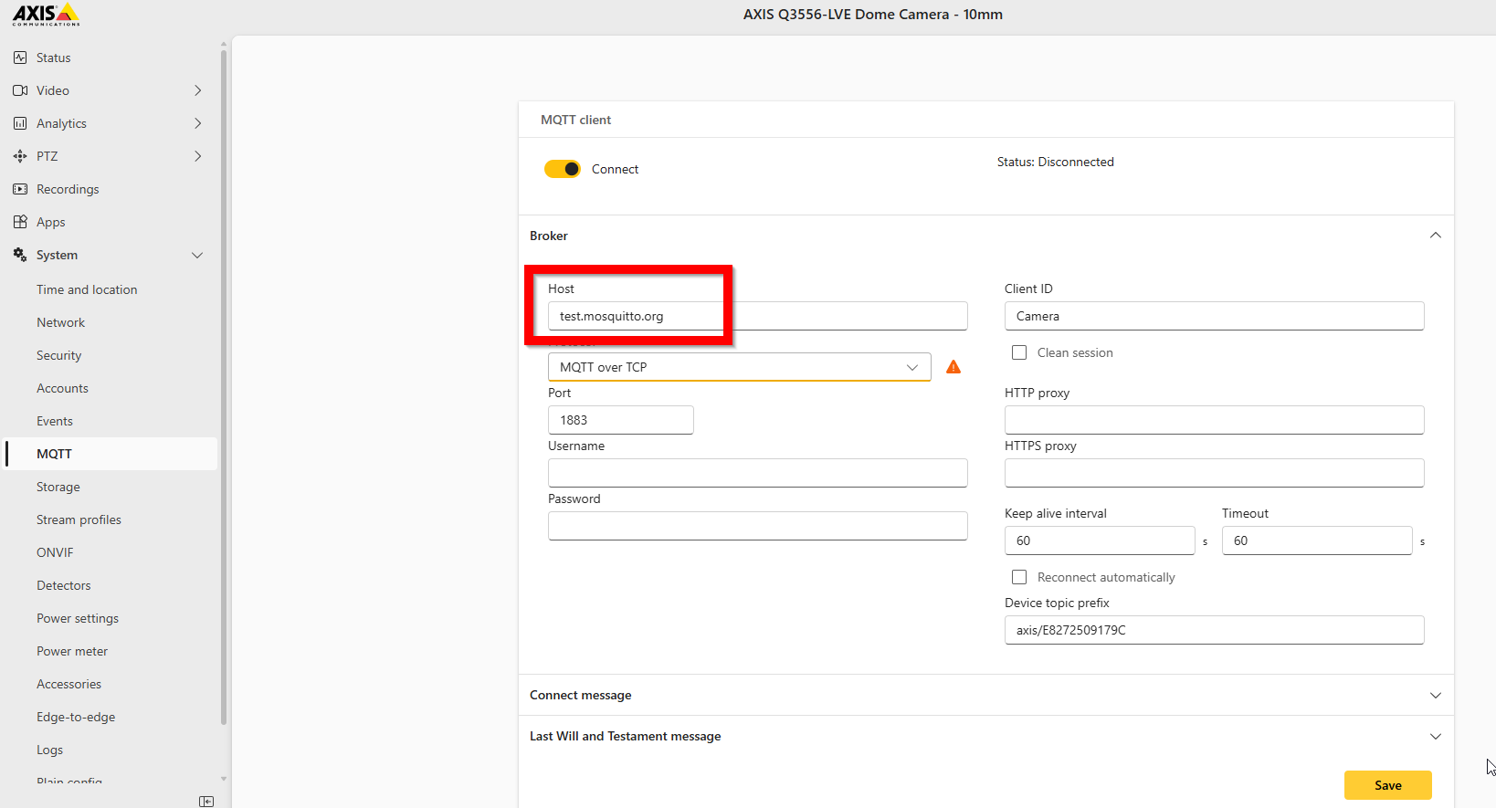 Axis Q3556 web portal MQTT broker configuration with host, port, and topic settings
