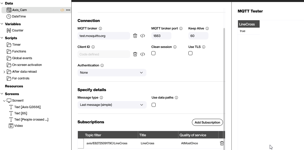 Peakboard Designer MQTT data source configured for Axis camera line crossing topic