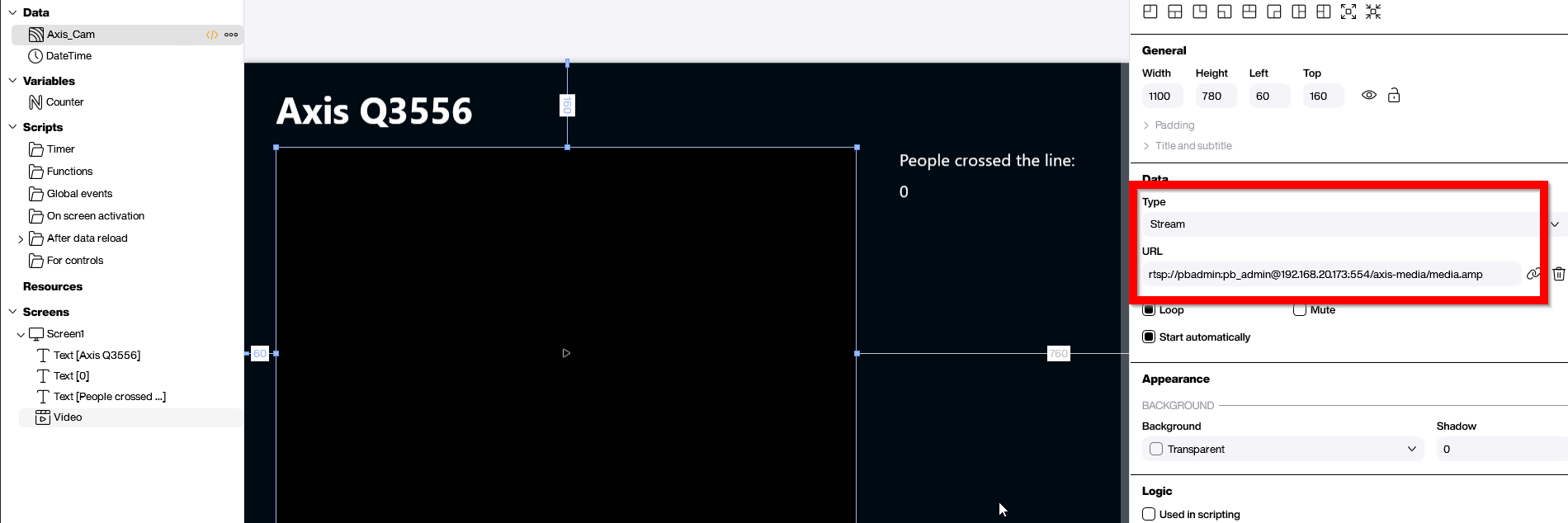 Peakboard Designer with RTSP video stream control showing Axis Q3556 live feed