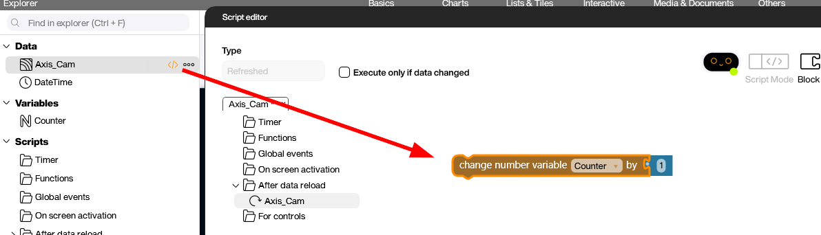 Peakboard script editor incrementing a counter variable on each MQTT line crossing event