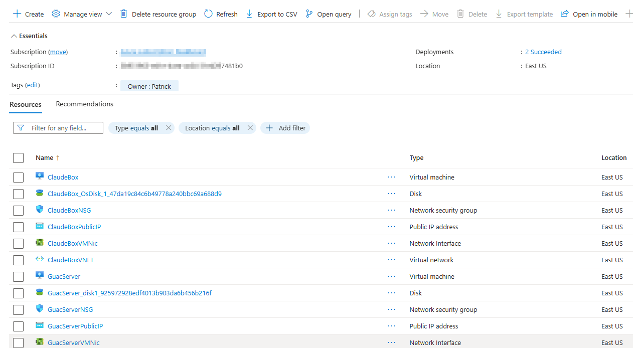 The Azure resource group containing both the PeakboardVM and the GuacServer with all their network components.
