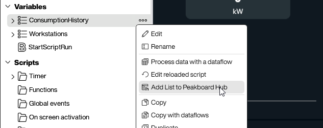 Peakboard Designer context menu showing the new Add List to Peakboard Hub option on a local variable list