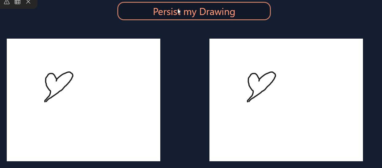 Peakboard runtime showing a persisted hand-drawn sketch restored from a Base64 string next to the original drawing