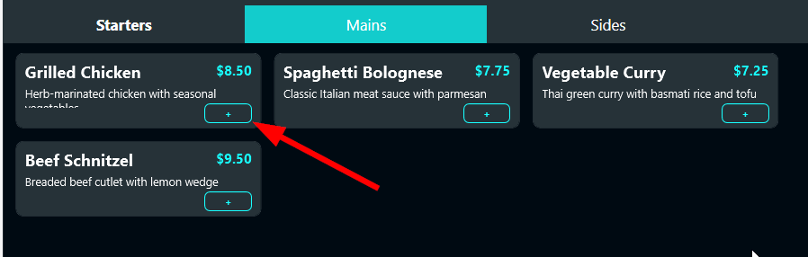 Updated item cards with clean plus-only Add buttons after the follow-up prompt