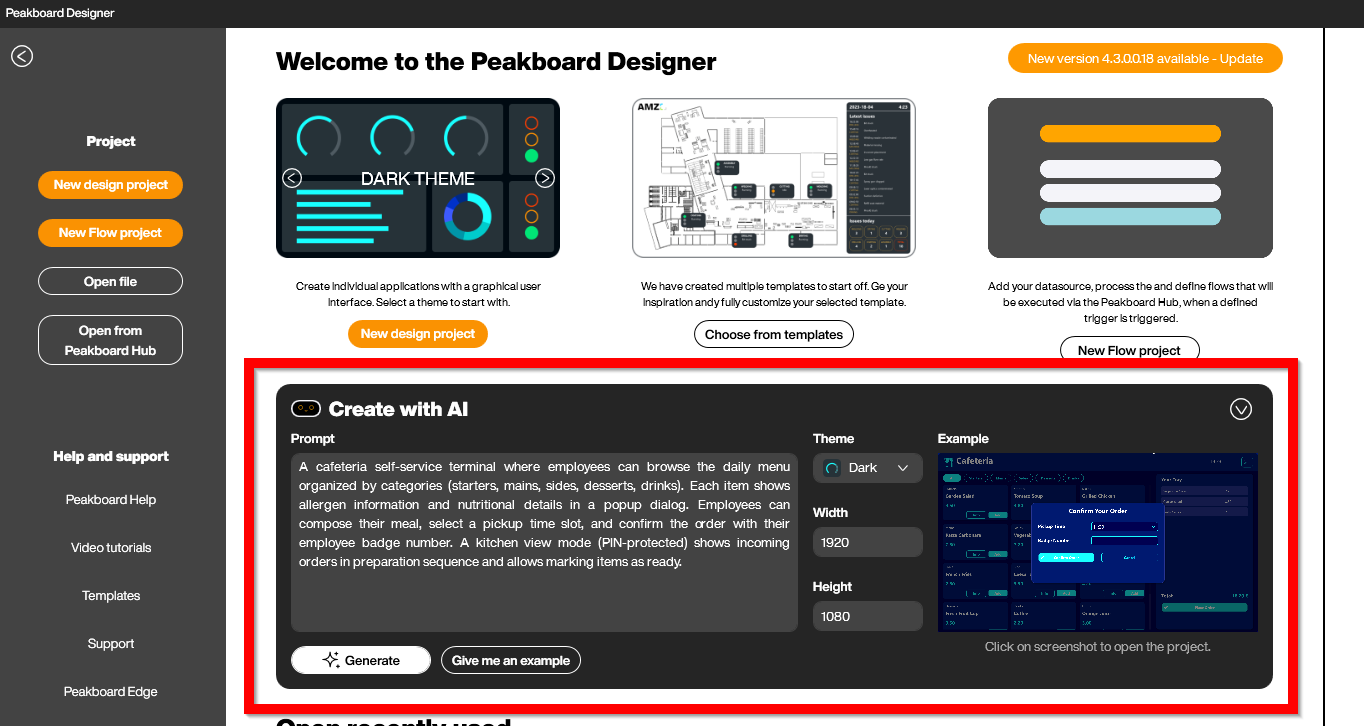 Peakboard Designer start page with the Create with AI panel and a detailed cafeteria self-service prompt