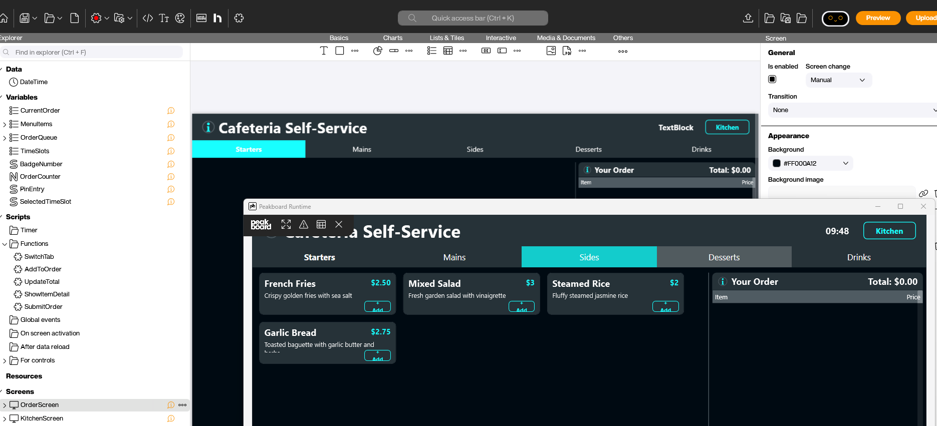 Peakboard Designer showing the generated cafeteria project with variables, scripts and a live preview of the running terminal