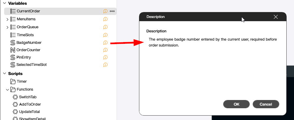 Peakboard Designer explorer with the description dialog open on the BadgeNumber variable explaining its purpose