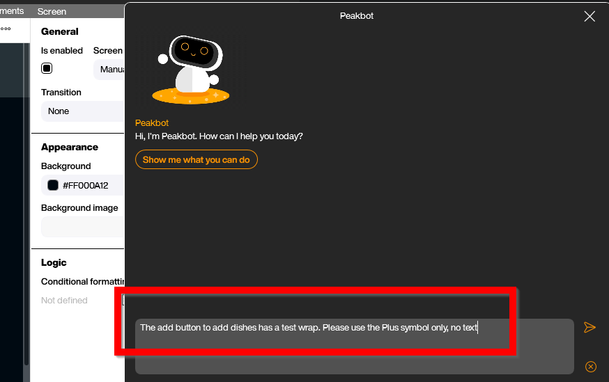 Peakbot chat with a follow-up prompt asking to remove the text from the Add buttons and keep only the plus symbol