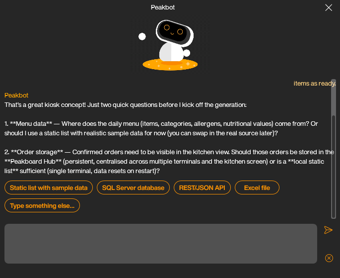 Peakbot asking clarifying questions about menu data source and order storage with quick reply options