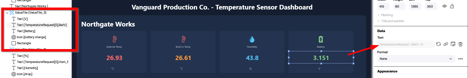 A custom component instance on the screen with individual controls overridden to show different values, icons and colours