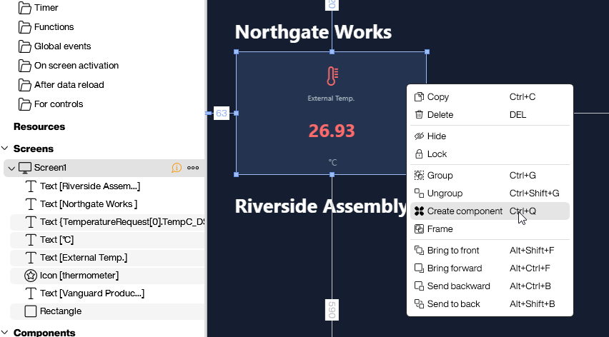 Selecting all controls and opening the context menu to create a component