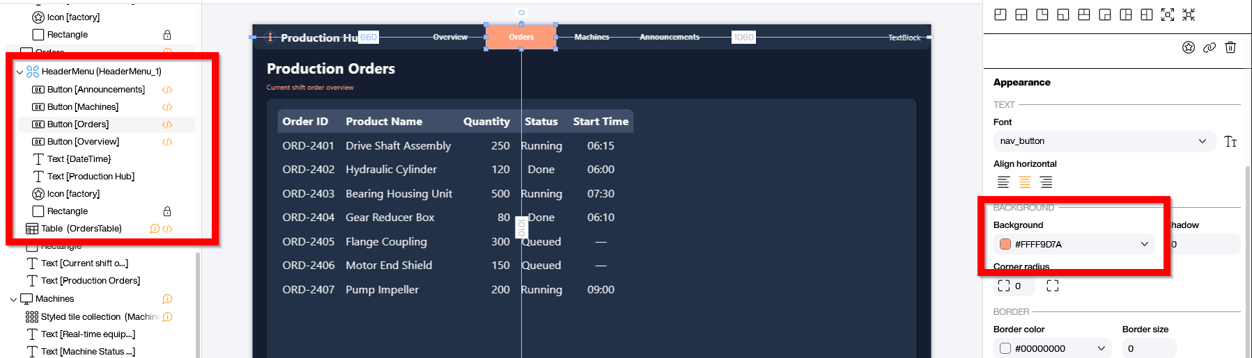 The same menu component reused on another screen with the 'Order' entry overridden to orange to mark the active page