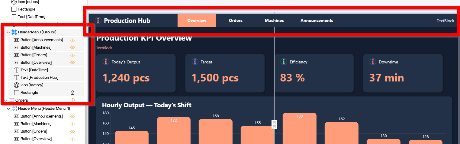 Master header menu on the overview screen, turned into a custom component