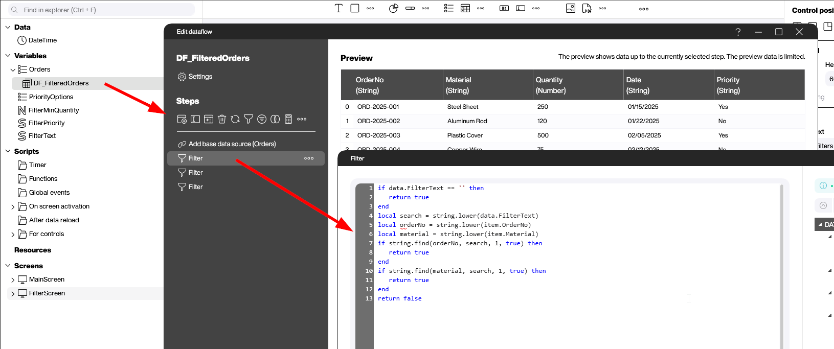 DF_FilteredOrders data flow with stacked filter steps and the Lua script for a multi-column text search