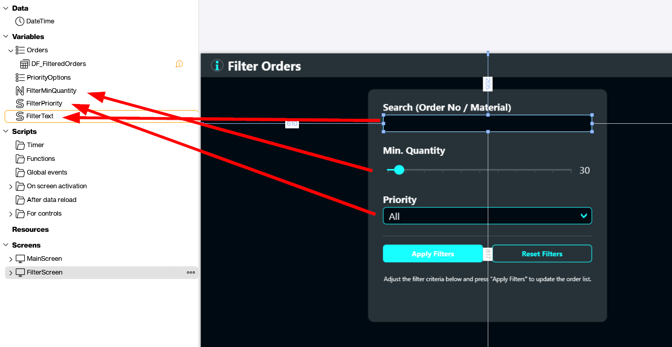 Filter screen in Peakboard Designer with search, quantity and priority controls each bound to their own filter variable