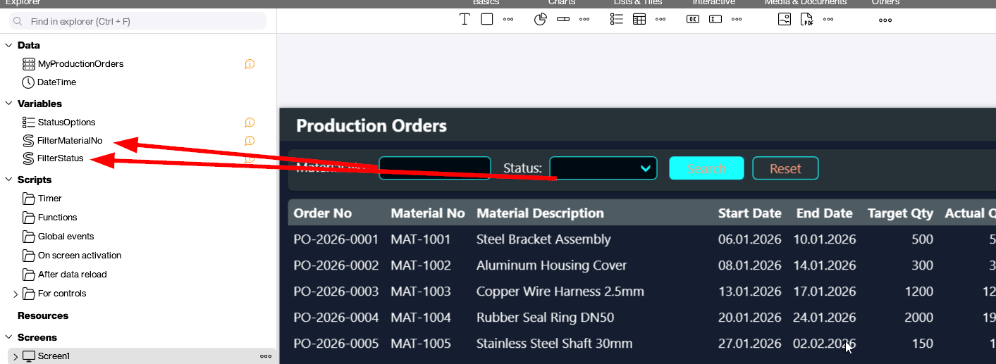 Production Orders screen with filter fields bound to FilterMaterialNo and FilterStatus and a Search button that reloads the SQL data source