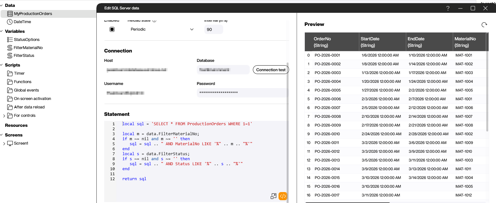 SQL Server data source dialog with a dynamic Lua script that builds the SQL statement from the current filter variables