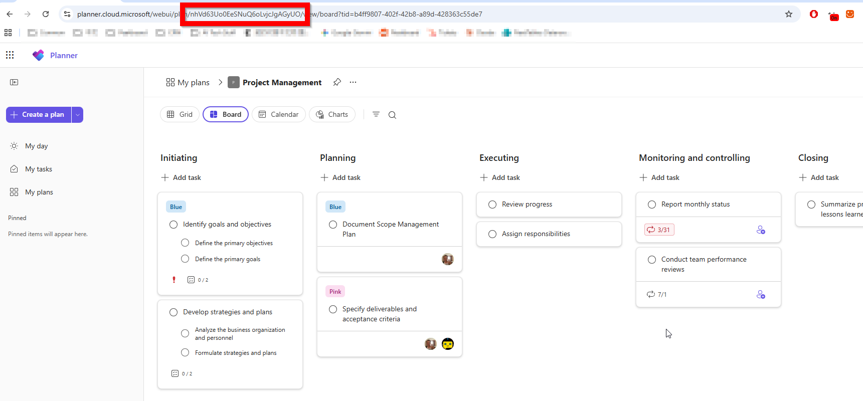Microsoft Planner board with buckets and tasks, the plan ID highlighted in the browser URL