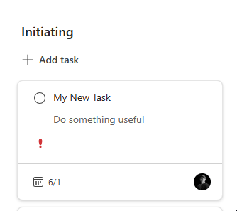 New Planner task created from a Peakboard application showing up in the Initiating bucket