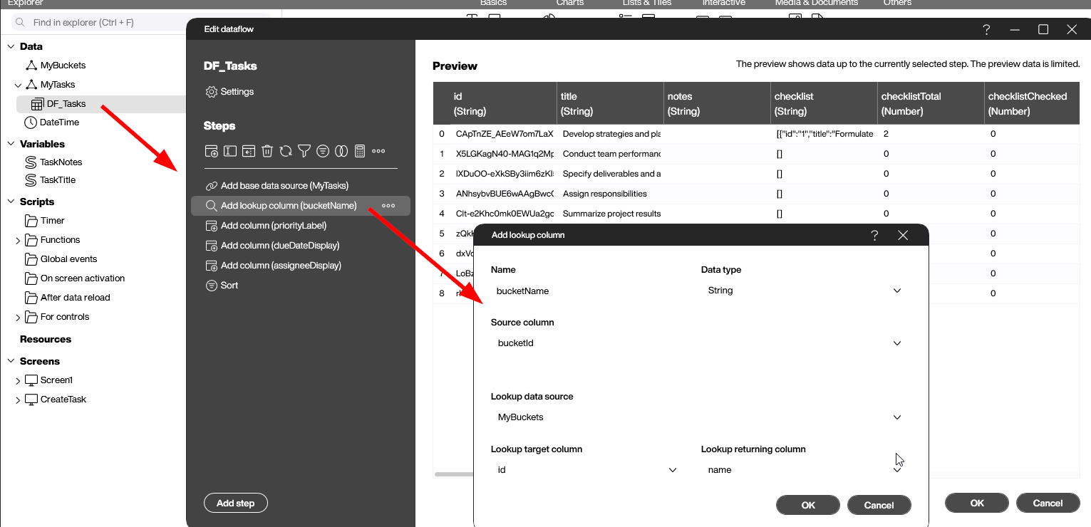 Peakboard dataflow adding a lookup column that translates the Planner bucket ID into the readable bucket name
