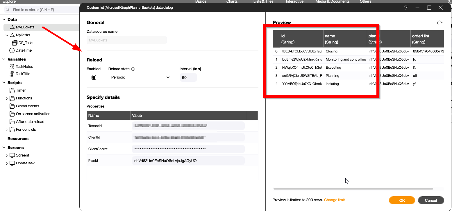 Peakboard Microsoft Graph Planner buckets data source configuration with tenant, client, and plan ID properties and bucket preview