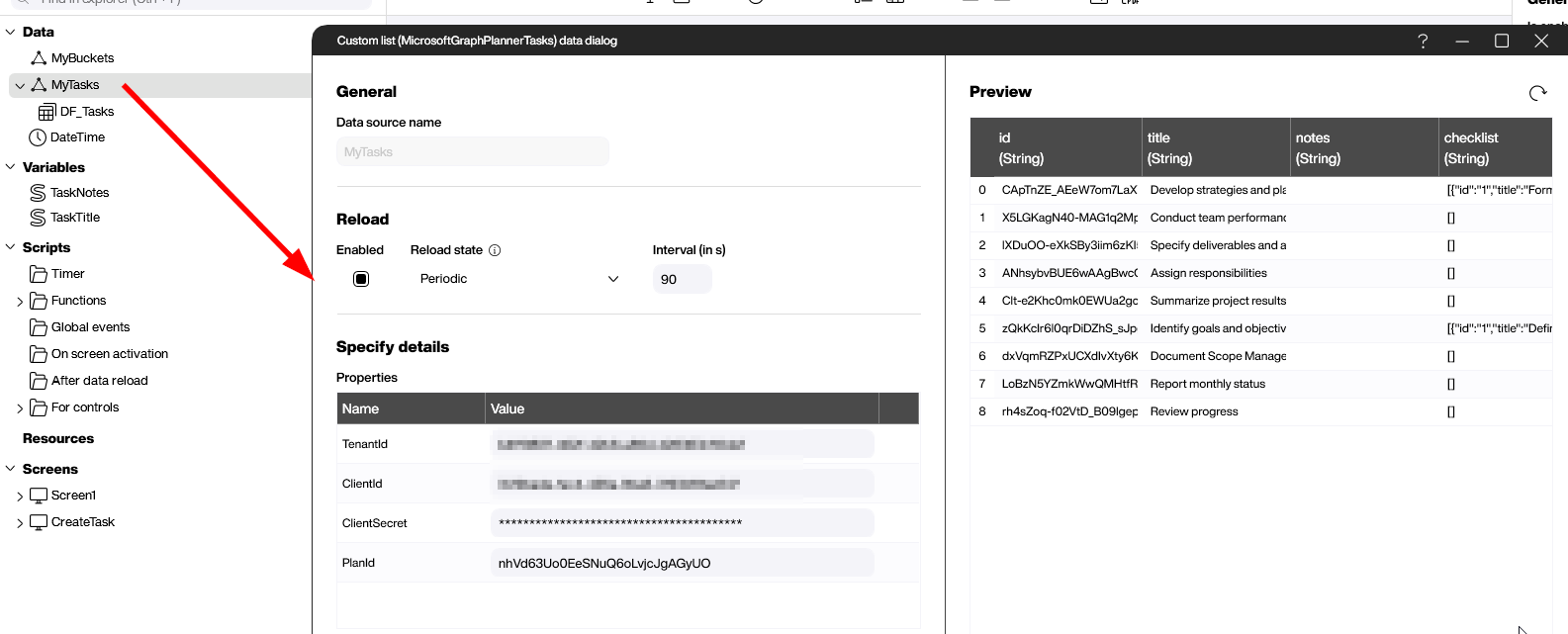 Peakboard Microsoft Graph Planner tasks data source configuration with task metadata preview including title, notes, and checklist