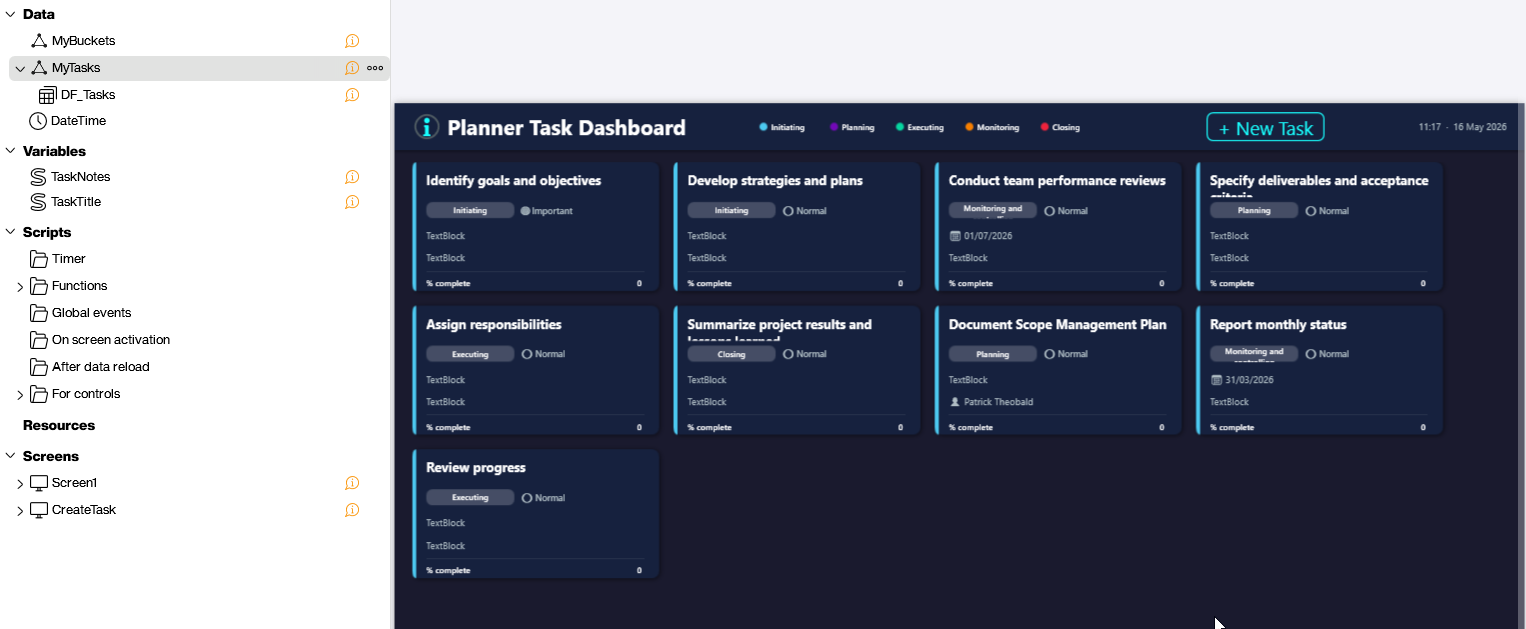 Peakboard Planner Task Dashboard showing tasks as tiles with bucket, priority, dates, and completion