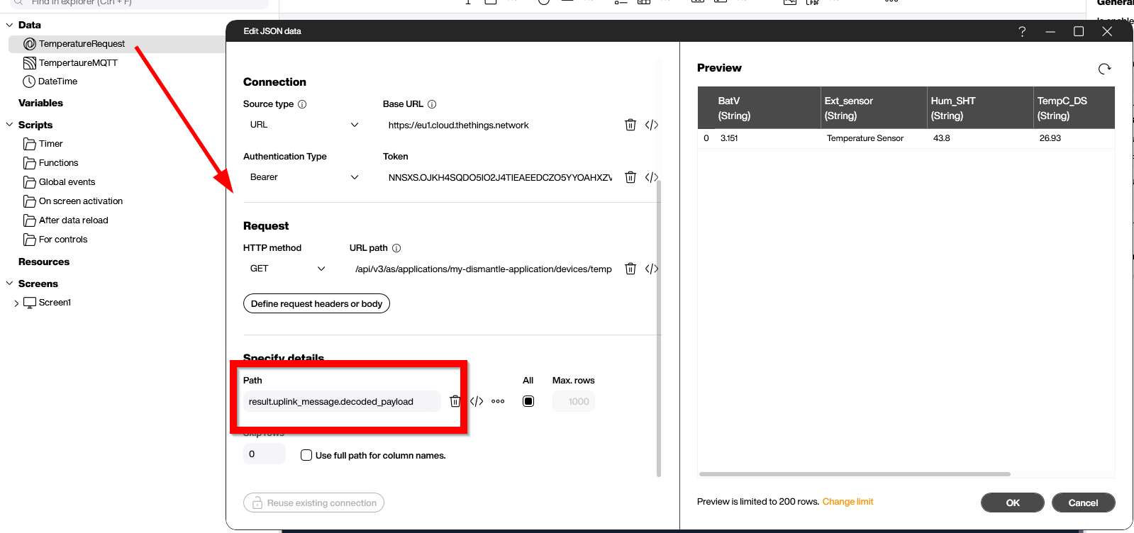 Peakboard Designer JSON data source pointing at the TTN storage API with bearer token authentication and a JSON path of result.uplink_message.decoded_payload