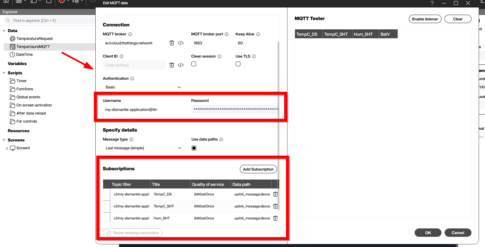 Peakboard Designer MQTT data source subscribed to the TTN uplink topic with three data path entries for the decoded payload fields