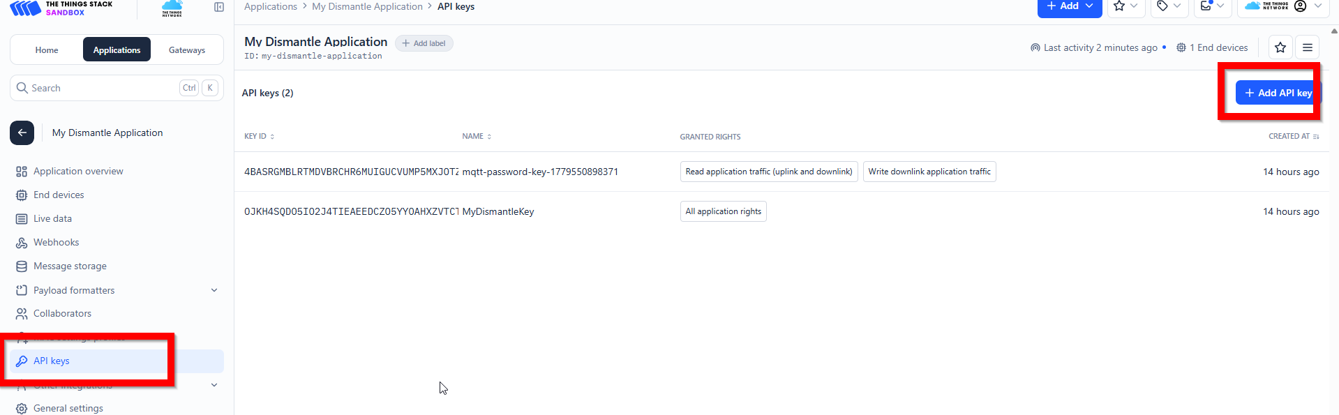 The Things Network application API keys list with the Add API key button highlighted