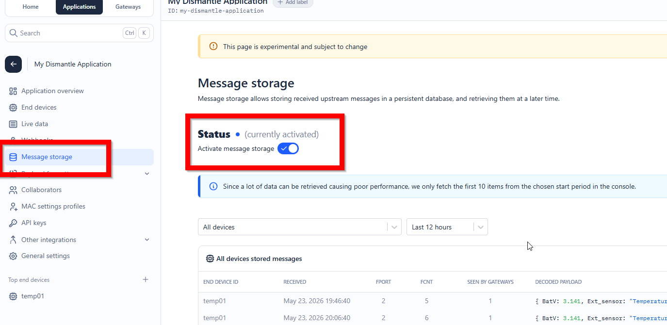 The Things Network message storage page with the activation toggle switched on and stored uplink messages listed below