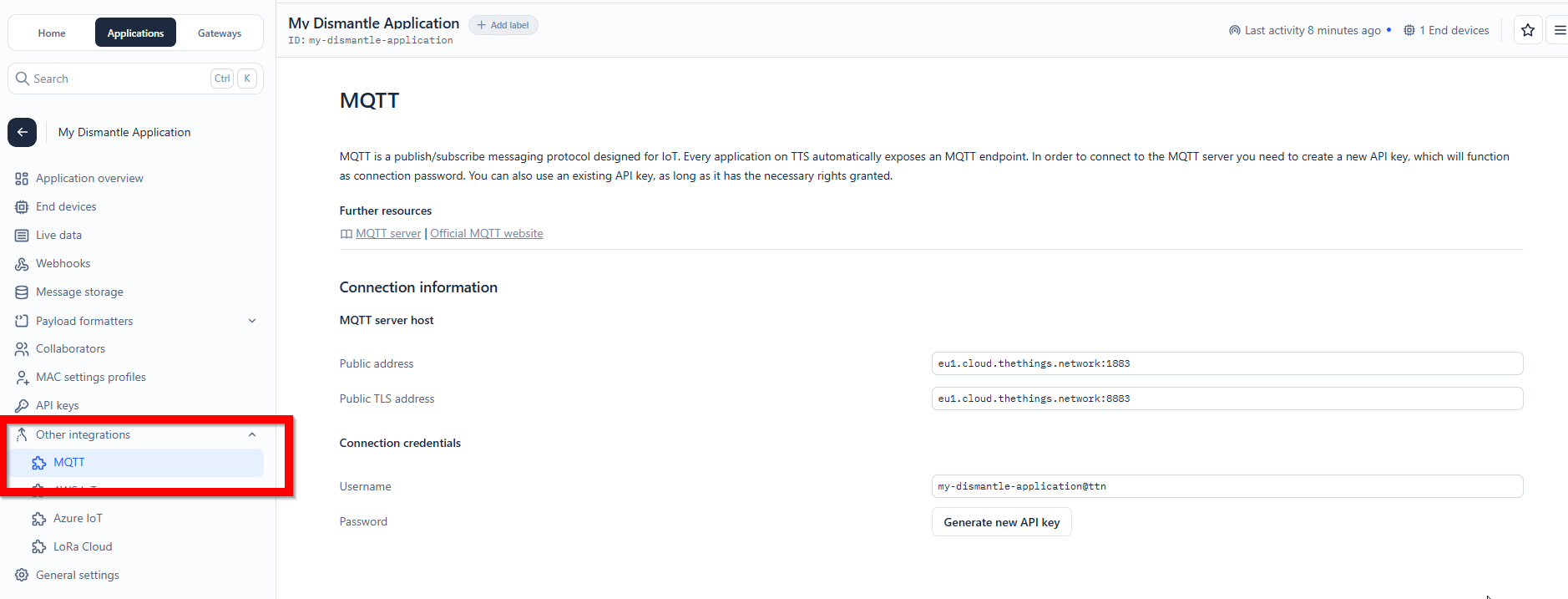 The Things Network MQTT integration page showing the server host, username and a Generate new API key button for the password