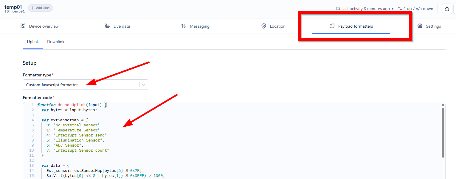 The Things Network payload formatter tab with the Dragino custom JavaScript decodeUplink function in place
