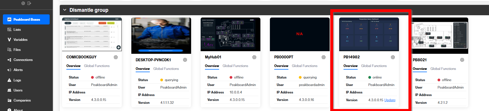 Peakboard Hub Boxes overview with the Dismantle group and Box PB14982 highlighted, showing the same dashboard in its tile thumbnail
