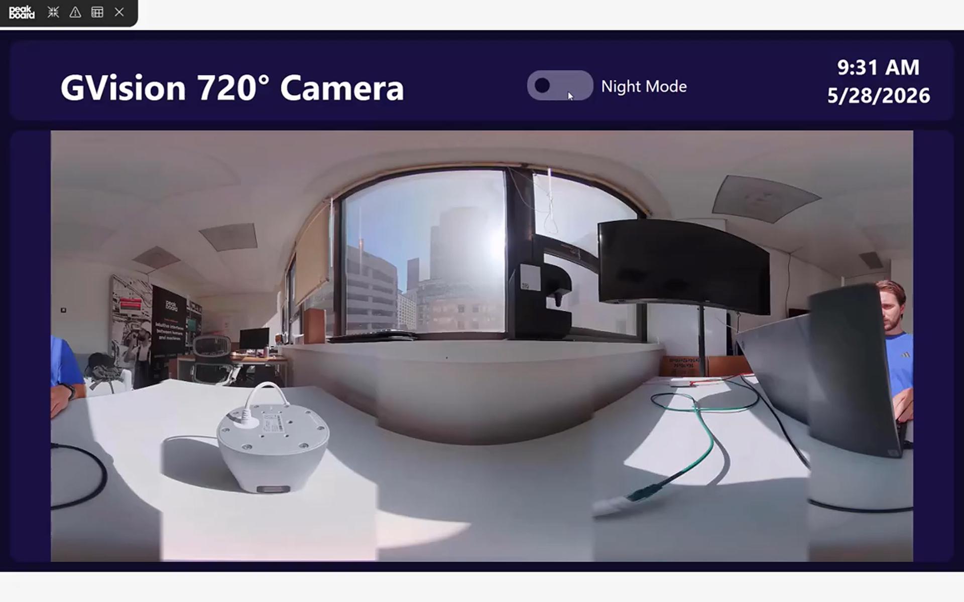 The finished Peakboard application showing the GVision panoramic stream with the day and night mode toggle