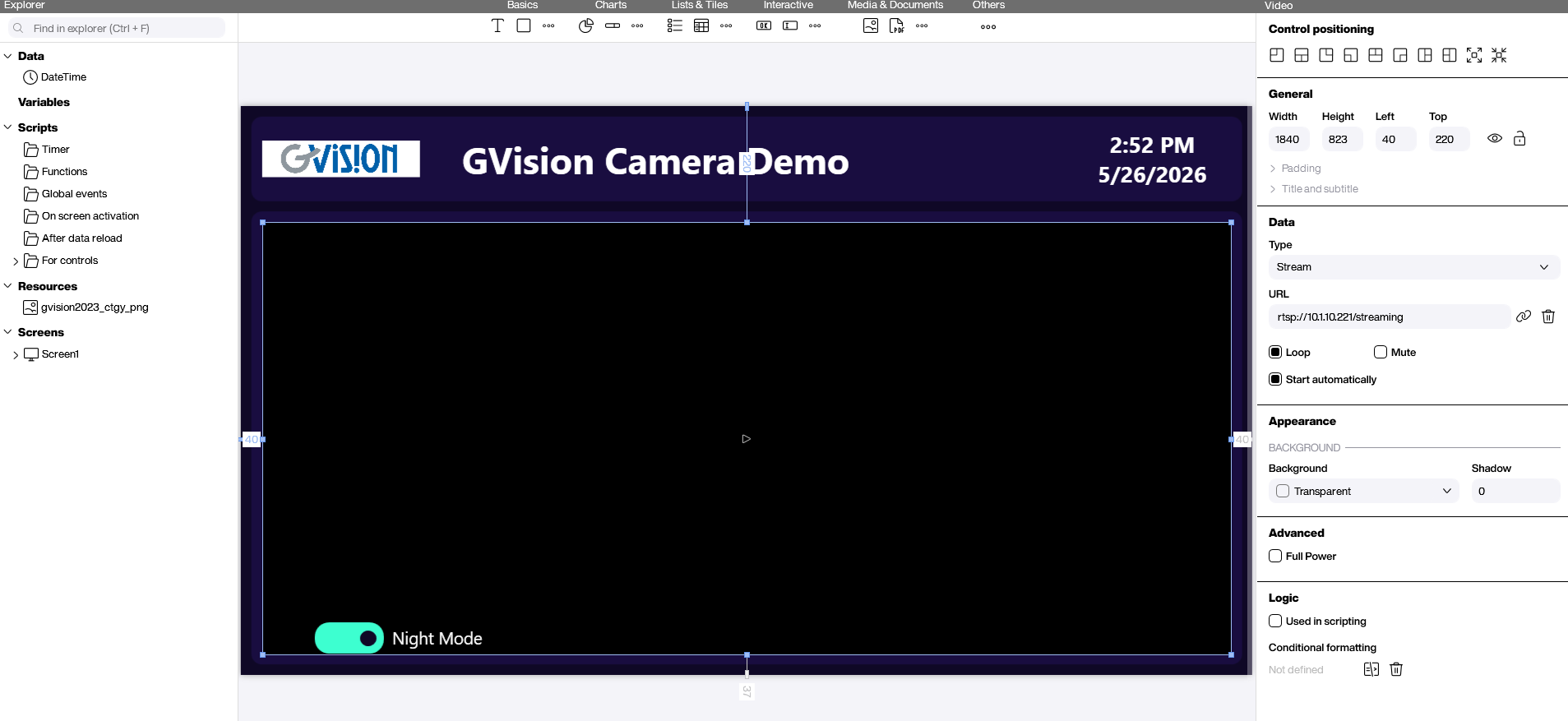 Peakboard Designer with the video control configured against the GVision RTSP stream