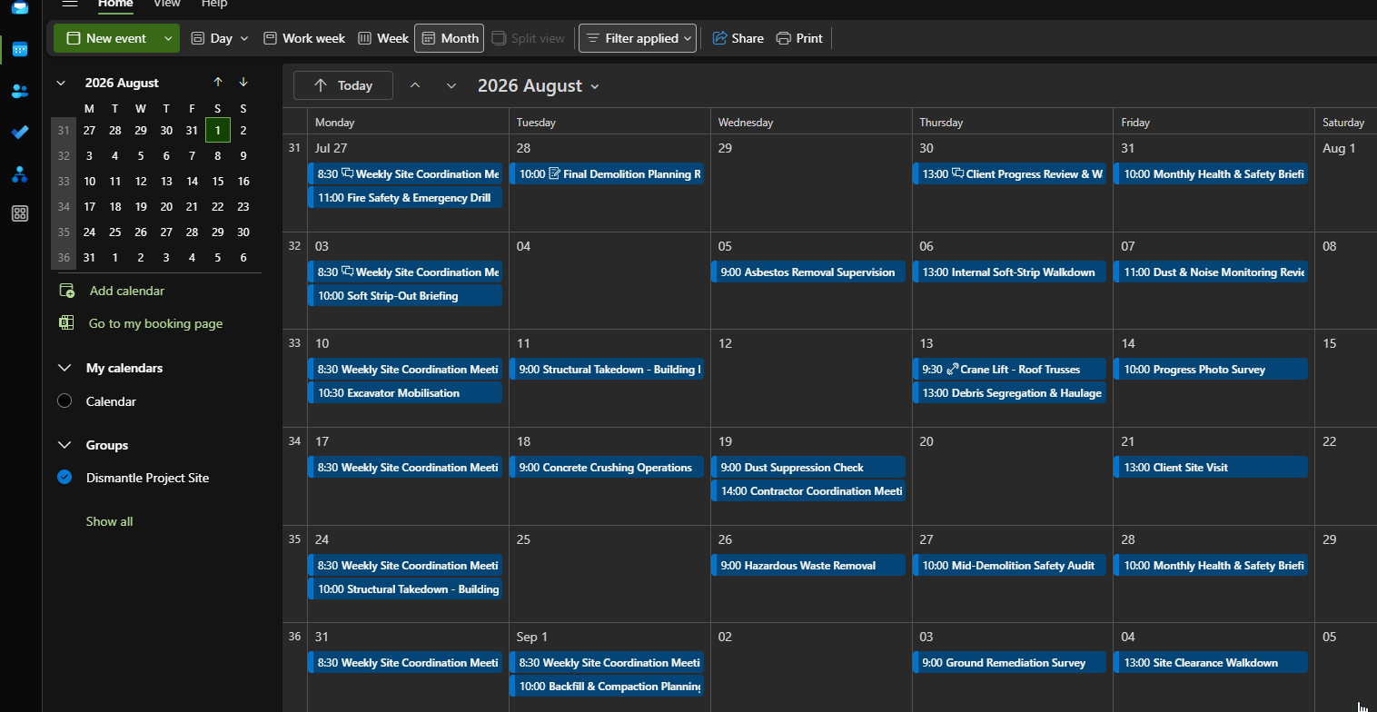 The Factory Floor group calendar in Outlook with shift handovers, maintenance windows and training sessions visible