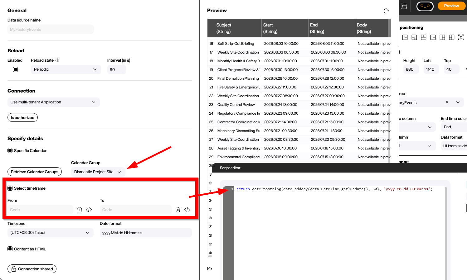 Office 365 calendar data source in the Peakboard Designer with the Factory Floor group calendar selected and the dynamic timeframe configured