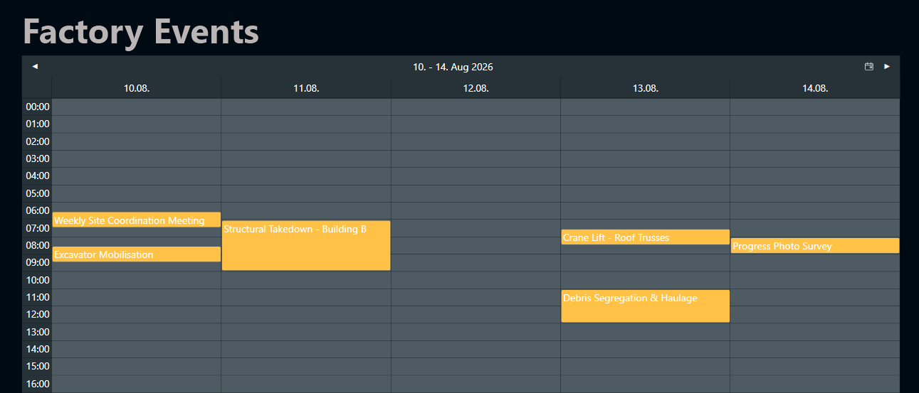 The Factory Events calendar in Working week view from 10. - 14. August 2026, with events like Weekly Site Coordination Meeting, Structural Takedown, Crane Lift and Progress Photo Survey rendered as colour blocks at their start times