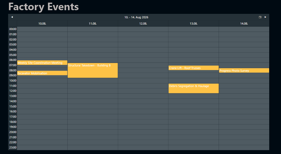 The finished Peakboard application showing the Factory Events calendar with an event being tapped and the pop-up dialog opening to render the full HTML body