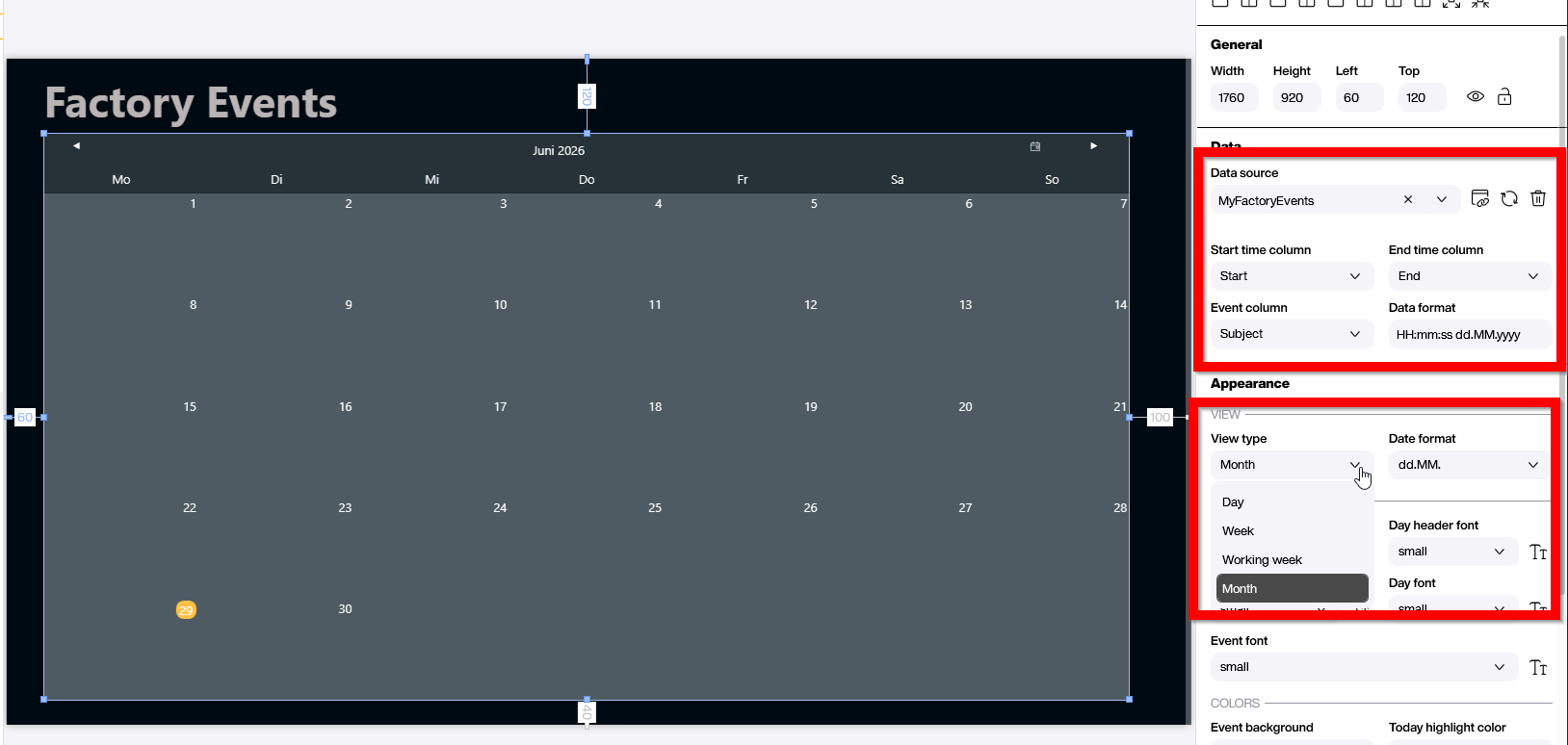 The Calendar control's property panel in the Peakboard Designer with the data source, the Subject / Start / End column bindings, the date format, and the View type settings highlighted