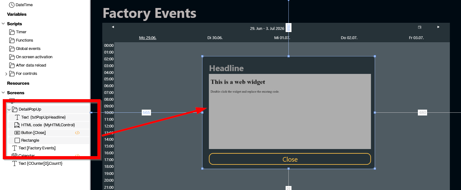 The Peakboard Designer with the DetailPopUp Explorer group expanded and the corresponding modal dialog drawn on the canvas over the calendar, showing the Headline, the HTML content area and the Close button