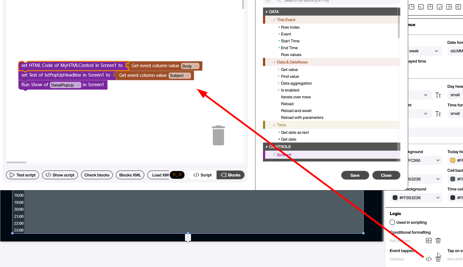 The block-based script attached to the Calendar control's Event tapped handler. Three blocks: set HTML Code of MyHTMLControl from the Body column, set Text of txtPopUpHeadline from the Subject column, and Run Show of the DetailPopUp group