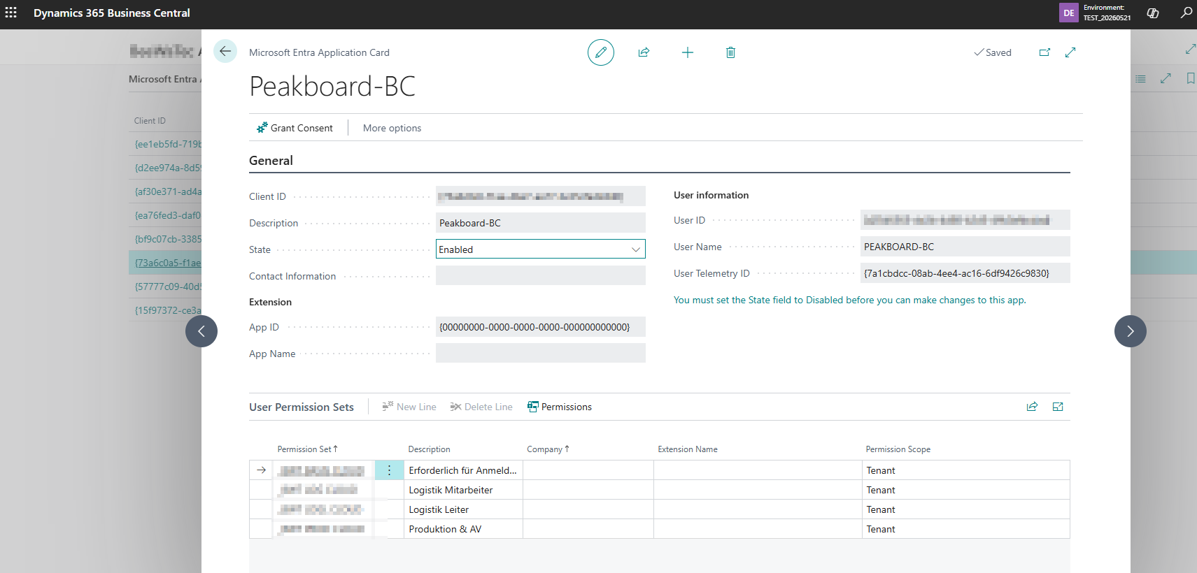The Microsoft Entra Application card in Business Central for Peakboard-BC, showing the Enabled state and a User Permission Sets table with role-based permission sets attached