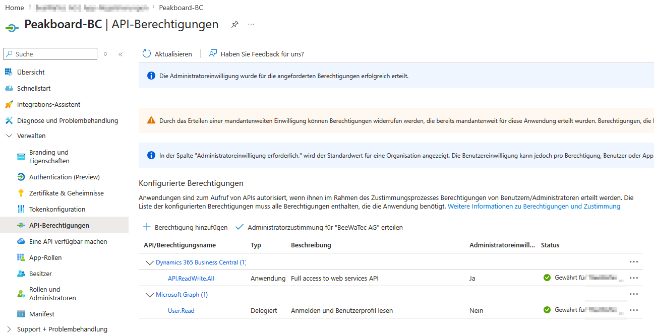 Microsoft Entra app registration Peakboard-BC on the API permissions page, showing Dynamics 365 Business Central API.ReadWrite.All granted with admin consent alongside Microsoft Graph User.Read