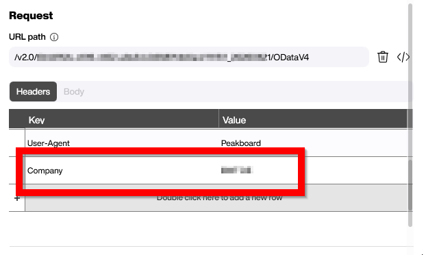The Request Headers panel of the Peakboard OData data source with the Company header row highlighted