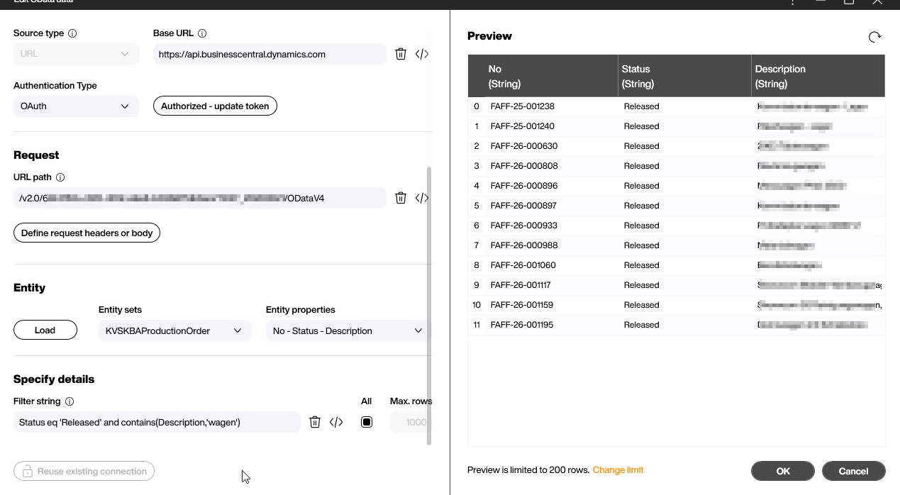The Peakboard OData data source configured against Business Central, showing the KVSKBAProductionOrder entity loaded with a filter string and a preview of released production orders